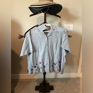 Vintage Bill Blass Flower Embroidery Chambray Short Sleeve Shirt Plus Sz 3X